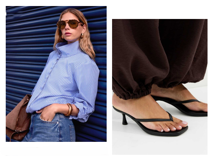 Woman in blue checkered shirt and sunglasses standing by blue wall