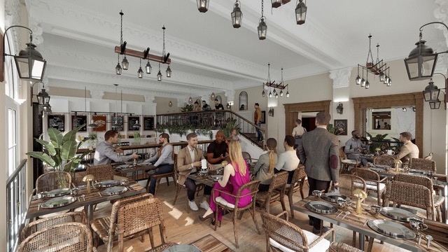 Cosy café interior with wicker chairs and hanging lanterns