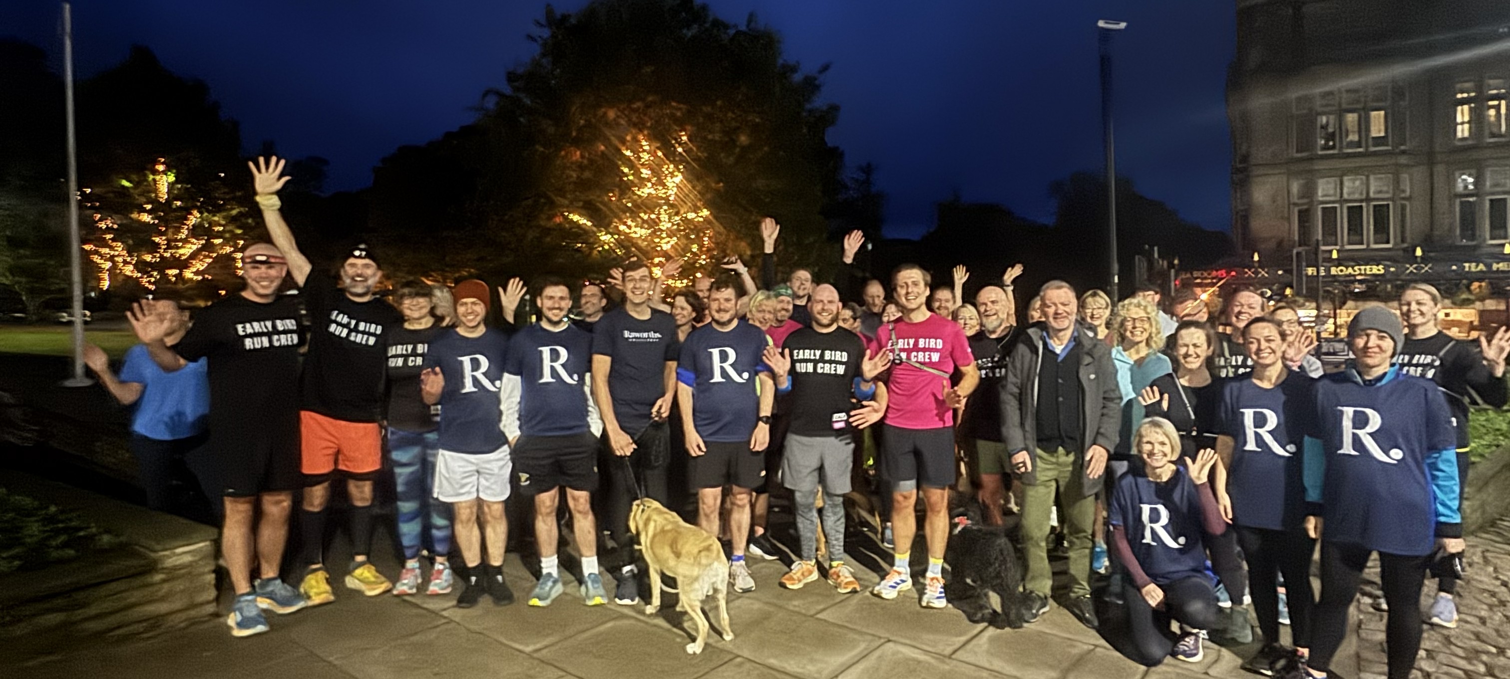 Group of smiling runners and dogs in illuminated park at night