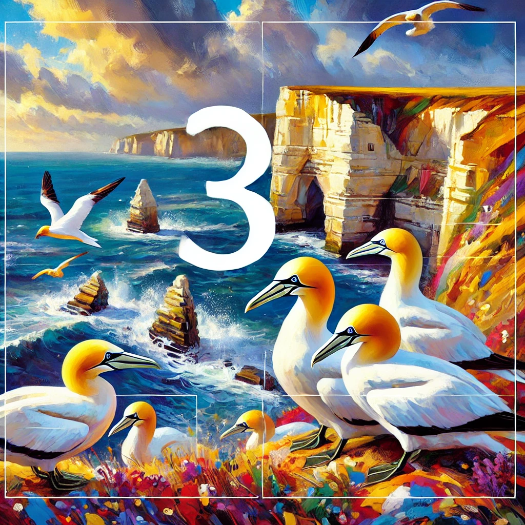 Vibrant seascape featuring cliffs, sea birds, and bright flowers, with the number 3 prominently displayed in white.