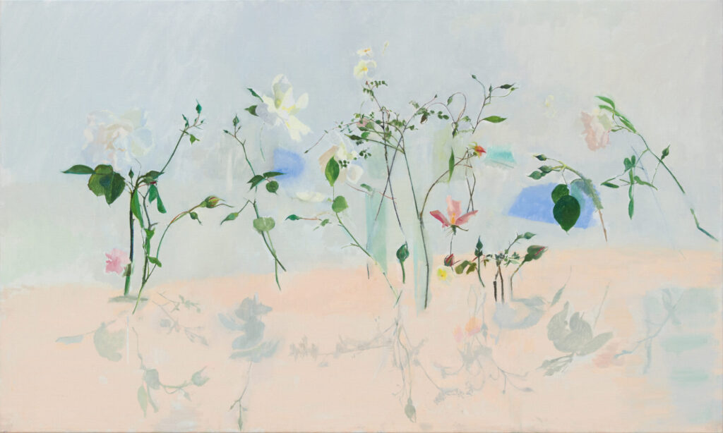 Soft pastel hues depict delicate flowers and foliage, with reflections creating a serene, dreamy atmosphere.