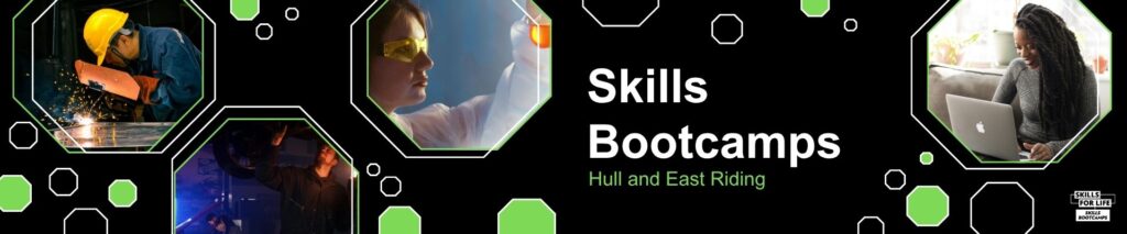 A graphic featuring diverse individuals engaged in various skill-building activities, with hexagonal shapes and vibrant colors.