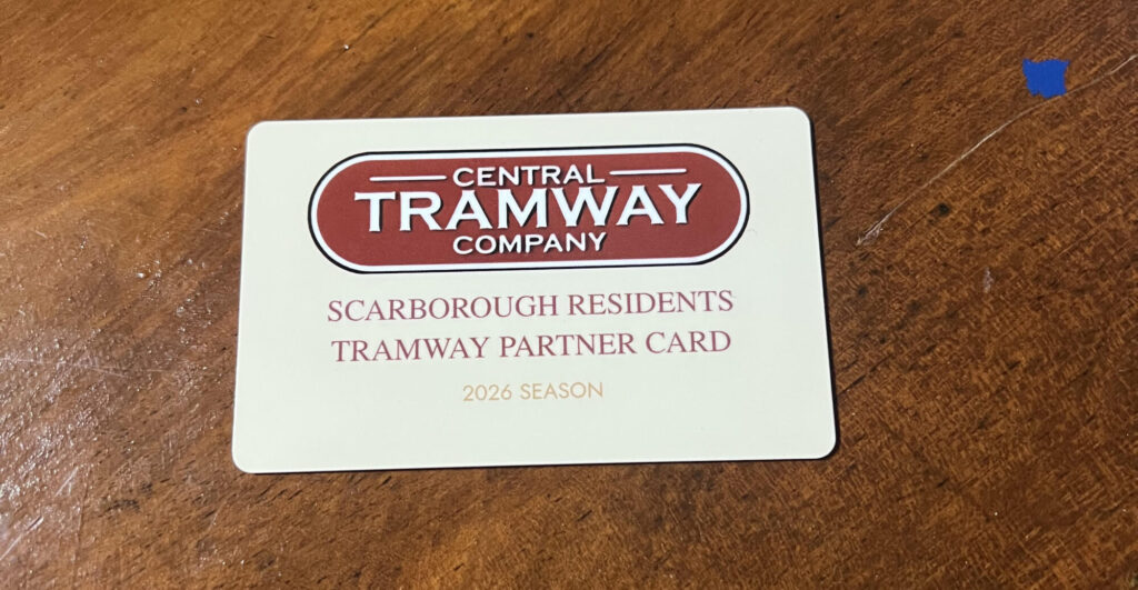 Scarborough Residents Tramway Partner Card featuring red and cream colors, labeled for the 2026 season.