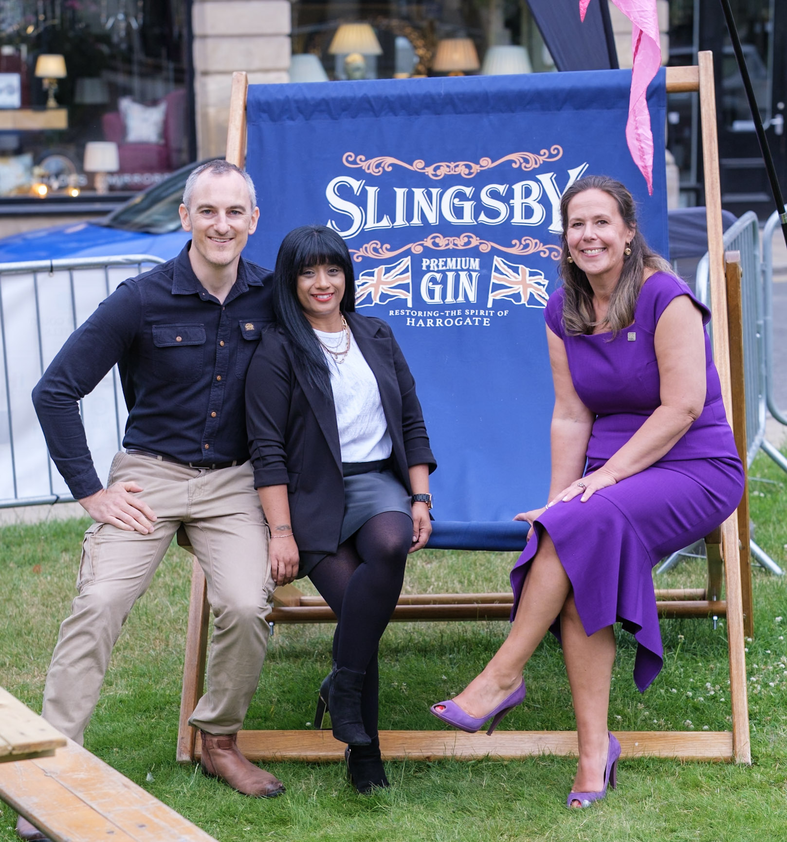 L-R Chris Williams and Asma Williams, owners of Slingsby Gin, with Sharon Canavar, Chief Executive of Harrogate International Festivals. (photo by Richard Maude).