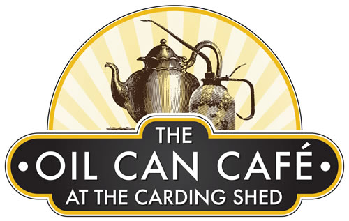 Vintage teapot and oil can illustration with "The Oil Can Café" text on a retro-style logo background.