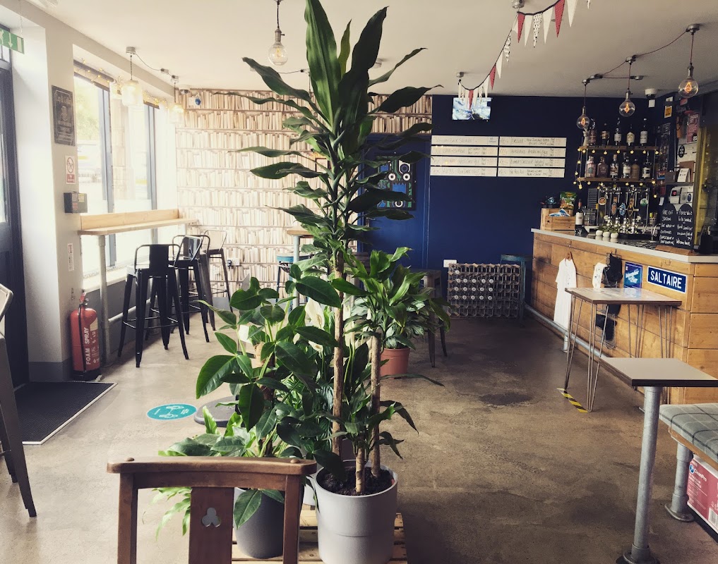 Interior of Cap and Collar with a bar, plants, high stools, and a blue wall displaying drink options.