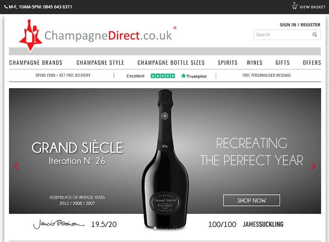 Champagne Direct Ltd website featuring a bottle of Grand Siècle champagne and navigation for products and services.