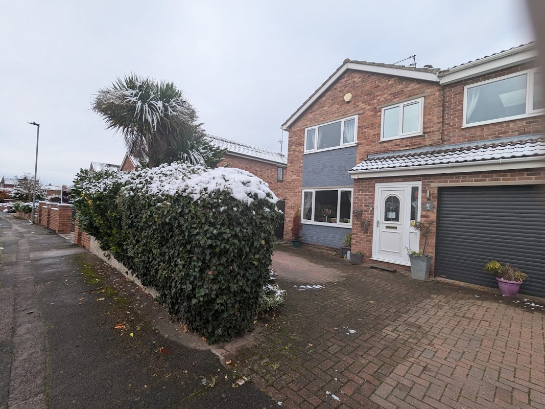 Pawsome Pad, a brick hotel with snow on hedges, palm trees, and a welcoming entrance in Carlton, Yorkshire.