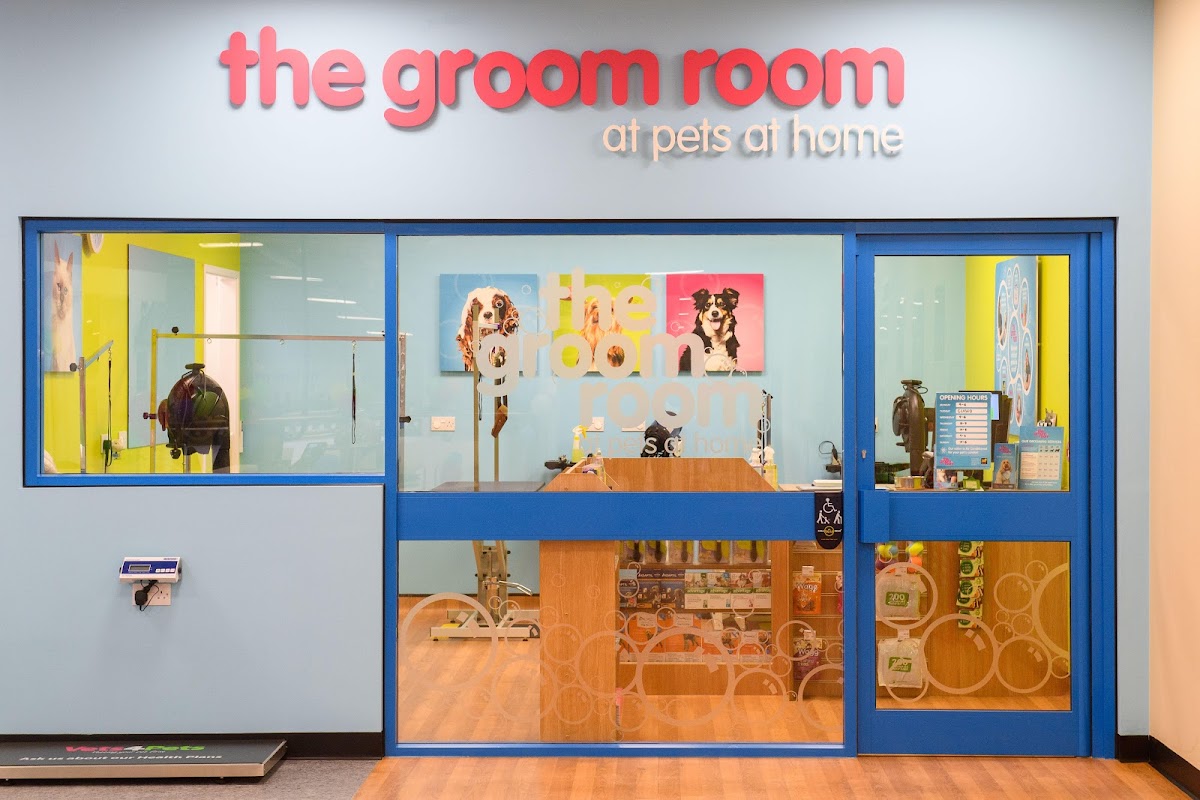 Brightly colored storefront of The Groom Room, featuring a large glass window and signage in pink and blue.