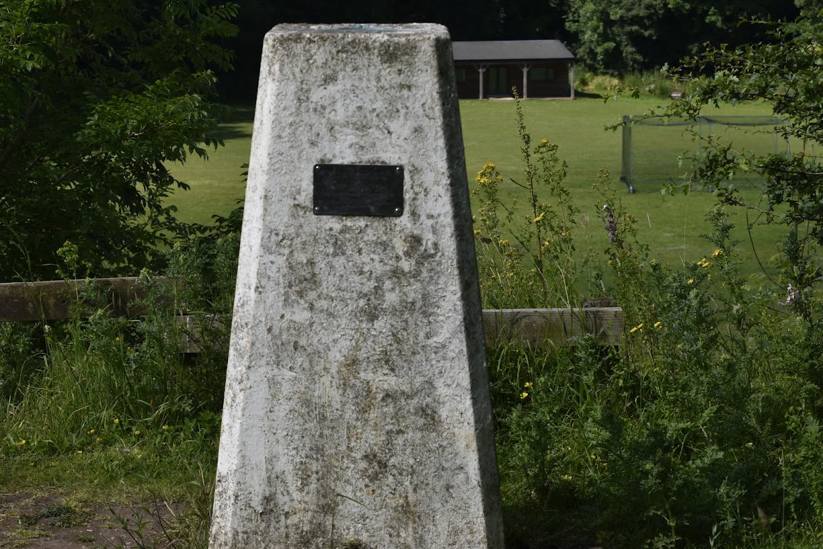Concrete trig point with a plaque, surrounded by grass and wildflowers, overlooking a field and a wooden building.