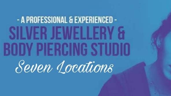 Silver Lining Piercing studio sign featuring text about silver jewellery, body piercing, and seven locations.