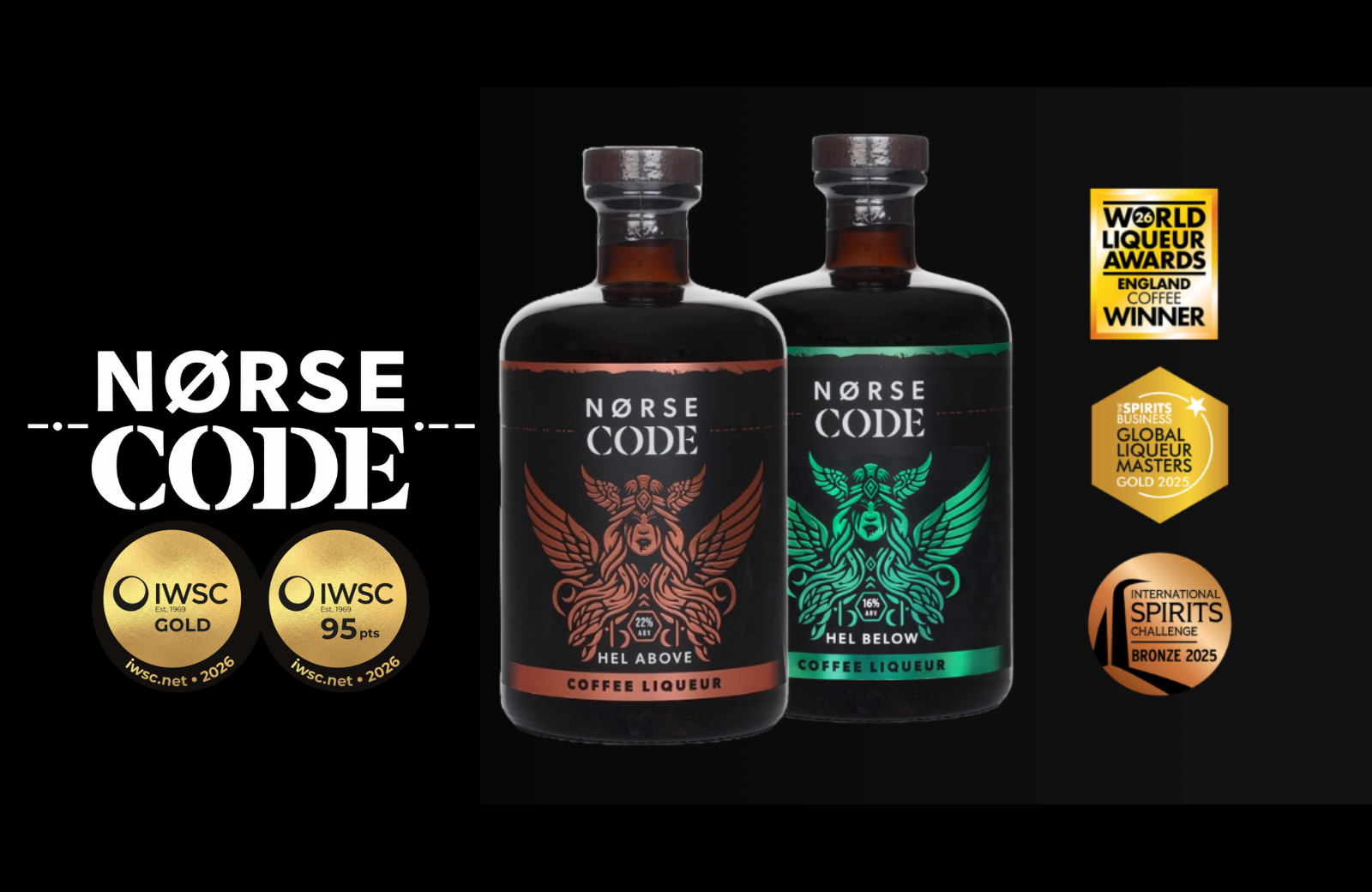 Two bottles of Norse Code coffee liqueur with award badges on display
