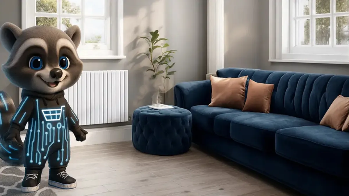 Cosy living room with blue sofa, modern radiator, and a raccoon mascot