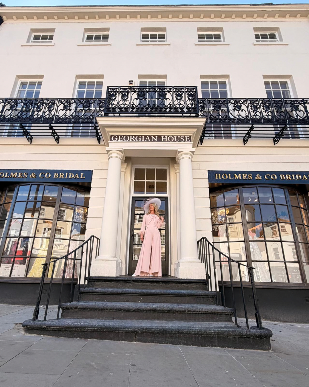 Elegant bridal shop exterior with Georgian architecture and large display windows