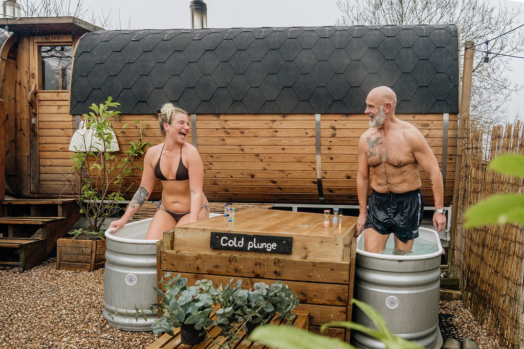 iglu sauna, Hebden Bridge - two relaxed and happy guests in the cold plunge pools 