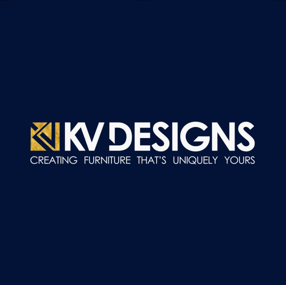 KV DESIGNS logo with gold and white text on a dark background