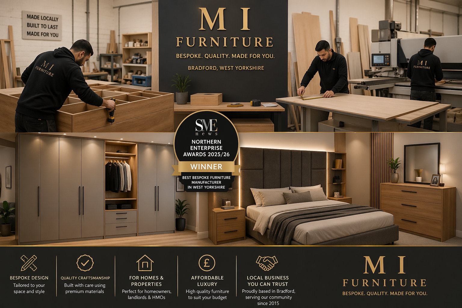 Spacious showroom with elegant wooden furniture and craftsmen at work