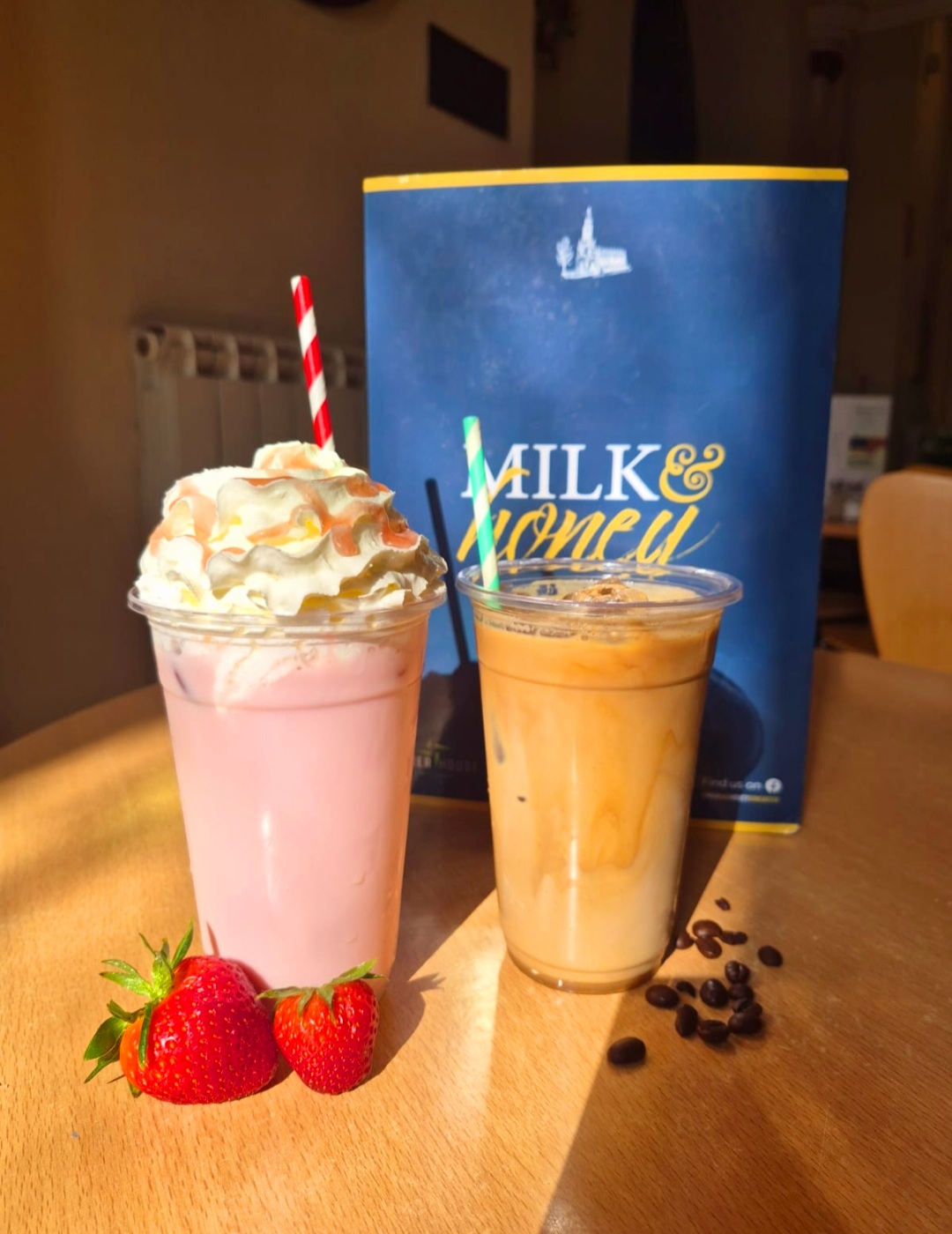 Cool down in the summer sun with one of our chilled drinks.
Strawberry and cream milkshake
Caramel iced latte