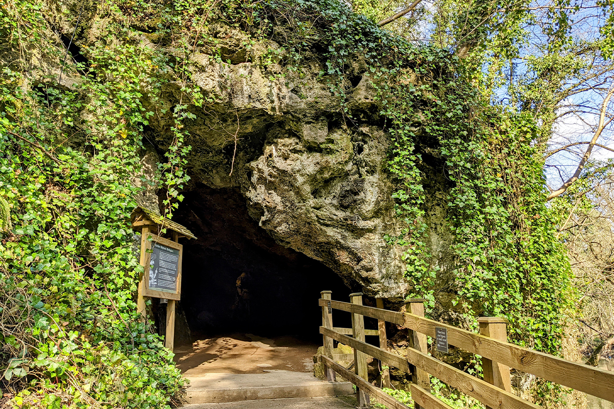 Entrance to Mother Shipton's Cave surrounded by lush greenery