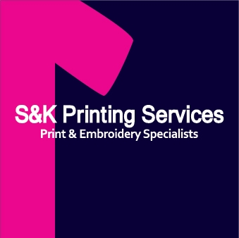Bold S&K Printing Services logo on dark background with pink accents