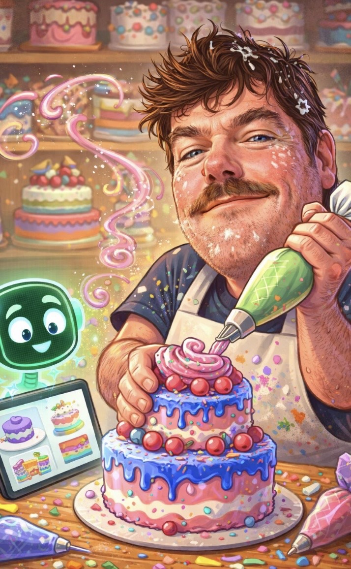 Whimsical bakery scene with a baker decorating a colorful cake