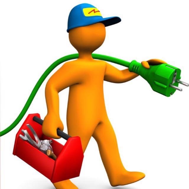 3D figure holding a green power cord and red toolbox