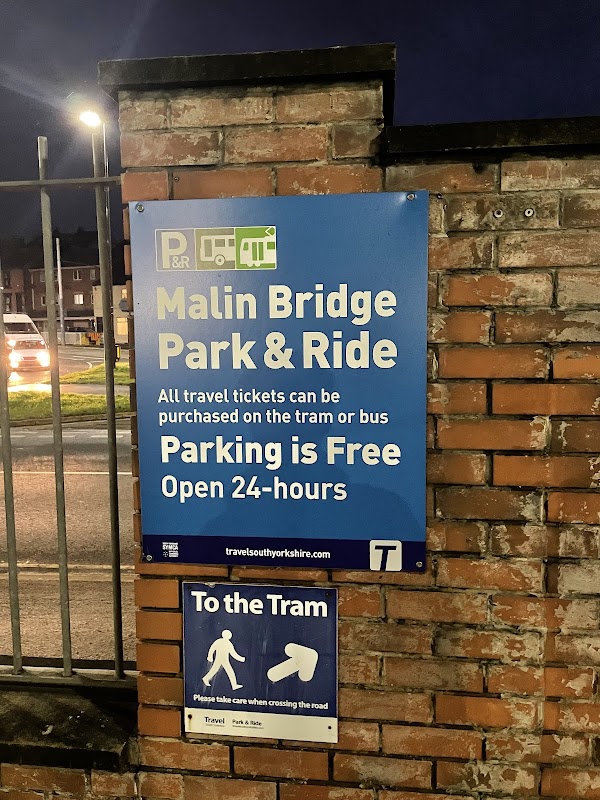 Sign for Malin Bridge Park & Ride, detailing free parking, 24-hour access, and ticket purchasing options.
