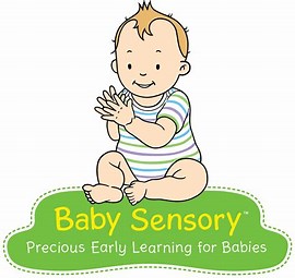 Cartoon baby clapping hands, wearing a striped onesie, with "Baby Sensory" logo and tagline below.