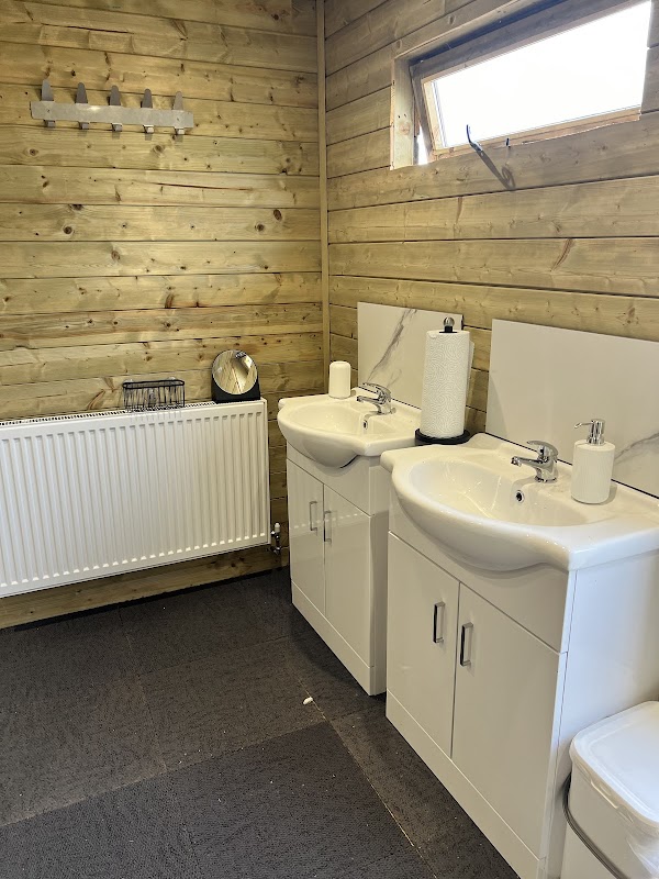 Modern bathroom with two sinks, wooden walls, a radiator, and natural light from a window.