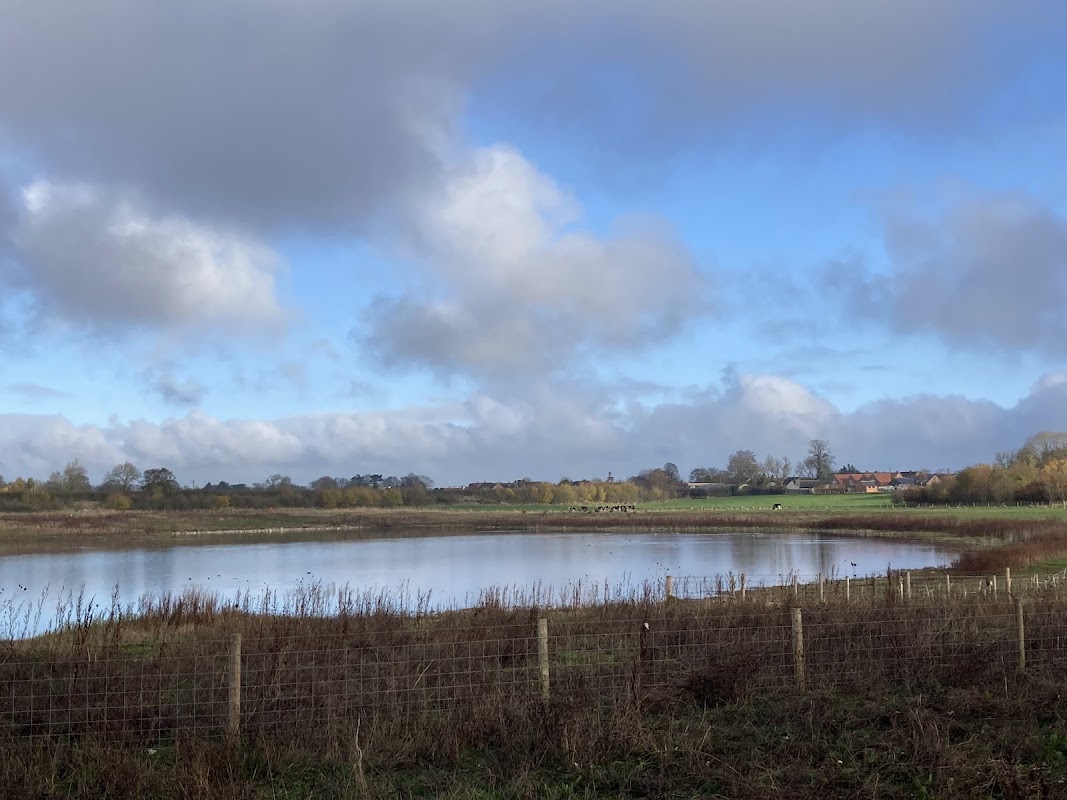 Serene lake surrounded by lush greenery and distant houses under a partly cloudy sky in Scorton, North Yorkshire.