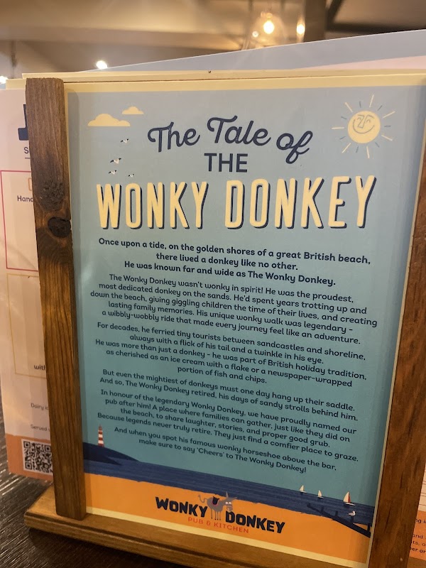 Sign displaying "The Tale of The Wonky Donkey" at the Wonky Donkey pub in Skirlington, Yorkshire.