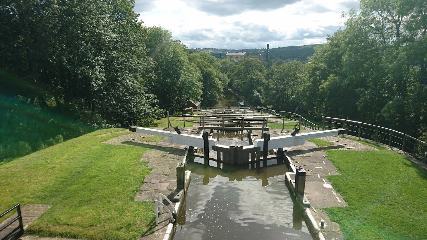 View of a canal lock with green grass and trees, under a cloudy sky, leading to a distant farm in Yorkshire.
