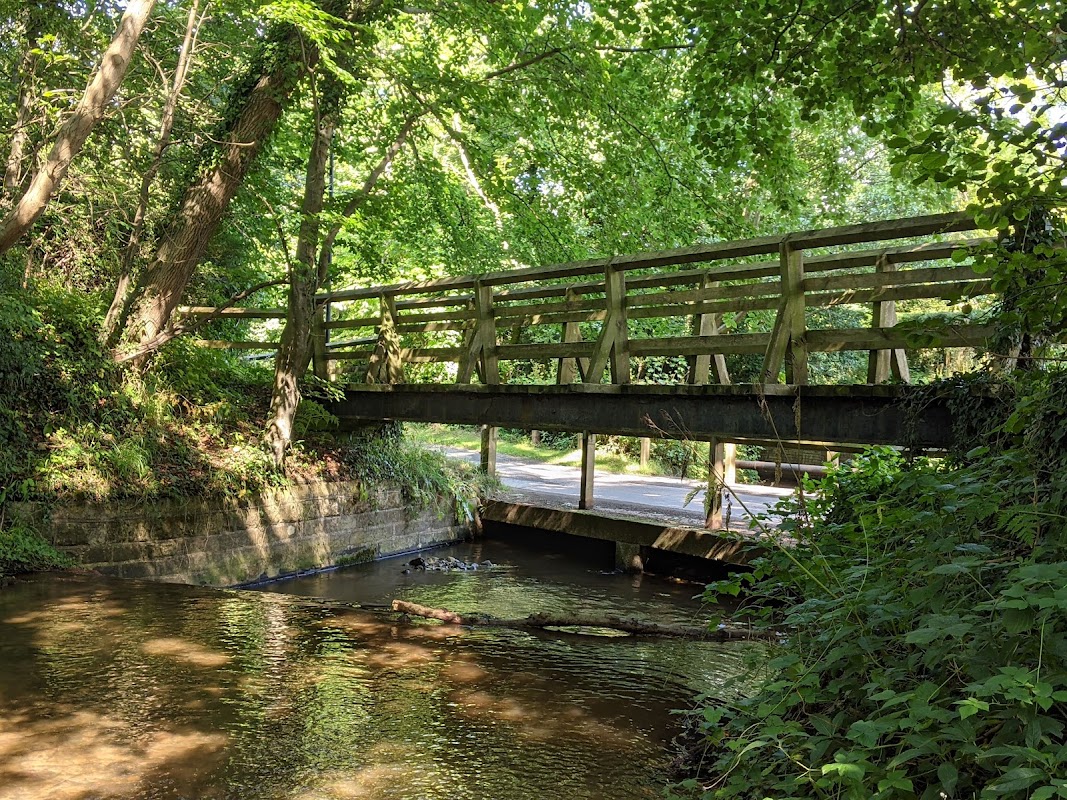 Wooden bridge over a stream, surrounded by lush greenery and trees, with a road visible in the background.