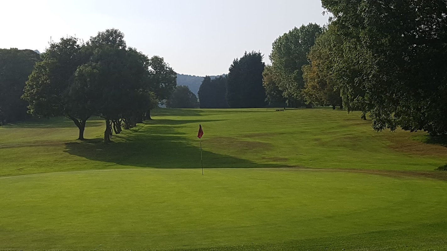 Lush green golf course with a flag on the putting green, surrounded by trees and rolling hills in the background.