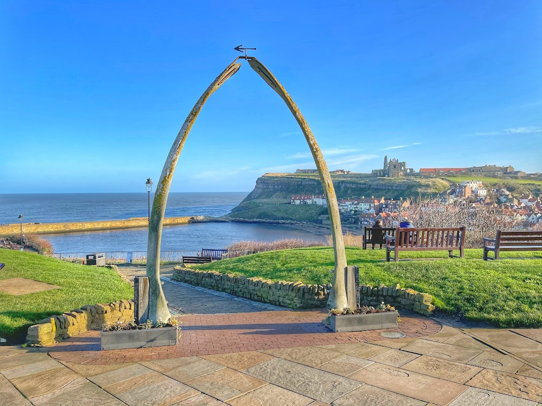 Whalebone Arch framed by green grass, with a view of Whitby’s coastline and historic buildings in the background.