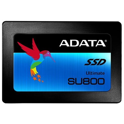 ADATA Ultimate SU800 1 TB SSD in a sleek black casing, featuring a vibrant blue and rainbow hummingbird design, with "SSD" and "Ultimate SU800" labels prominently displayed.