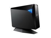Black ASUS BW-16D1H-U PRO optical disc drive with a sleek, angular design, featuring a blue LED indicator and a sturdy base for stability.