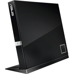 Compact black ASUS optical disc drive with a sleek design, featuring a silver eject button and a textured surface, capable of reading Blu-ray and DVD discs.