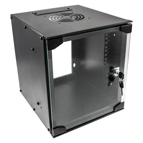 Black 6U wall mount cabinet with a glass front, ventilation fan on top, key lock, and adjustable rack mount rails, designed for SOHO use, dimensions 280W x 310D mm.