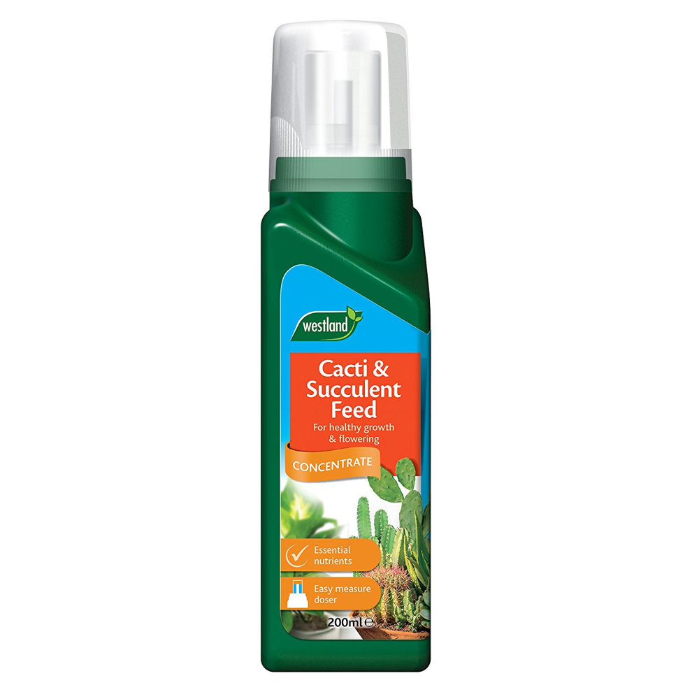 Green plastic bottle with a white pump top, featuring an orange label that reads "Cacti & Succulent Feed" and highlights essential nutrients for healthy growth and flowering.