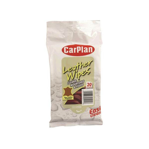 CarPlan Leather Wipes package features a white background with a green label, highlighting "Leather Wipes" and key benefits, containing 20 wipes for cleaning leather surfaces.