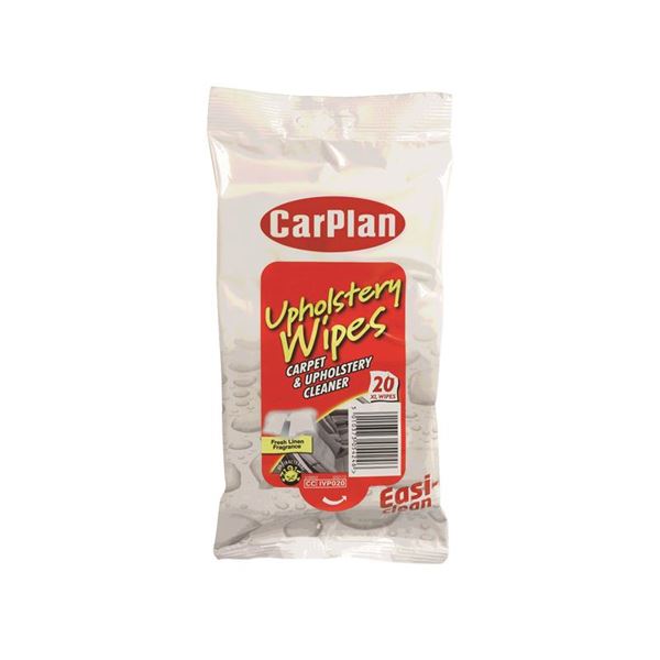 CarPlan Upholstery Wipes pouch containing 20 wipes, featuring a clear plastic packaging with a red and white label, highlighting its use for carpet and upholstery cleaning.