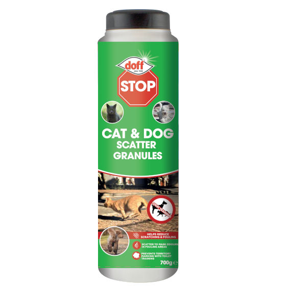 Green cylindrical container with a black cap, labeled "Doff STOP! Cat & Dog Scatter Granules 700g," featuring images of a cat and dog, and a no-pest symbol.