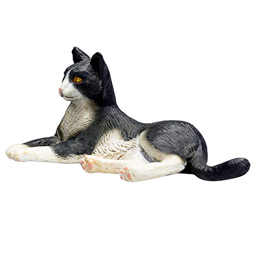 Lying black and white cat figure with detailed fur texture, yellow eyes, and pink paws, crafted from durable material by MojoFun.