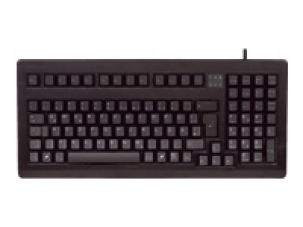 Compact black corded keyboard with a QWERTY UK layout, featuring a sturdy plastic design, full-sized keys, and a PS2/USB connection.