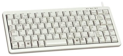 Light grey Cherry G84-4100 compact keyboard with a corded USB/PS2 connection, featuring a QWERTY layout and low-profile keys for a sleek design.