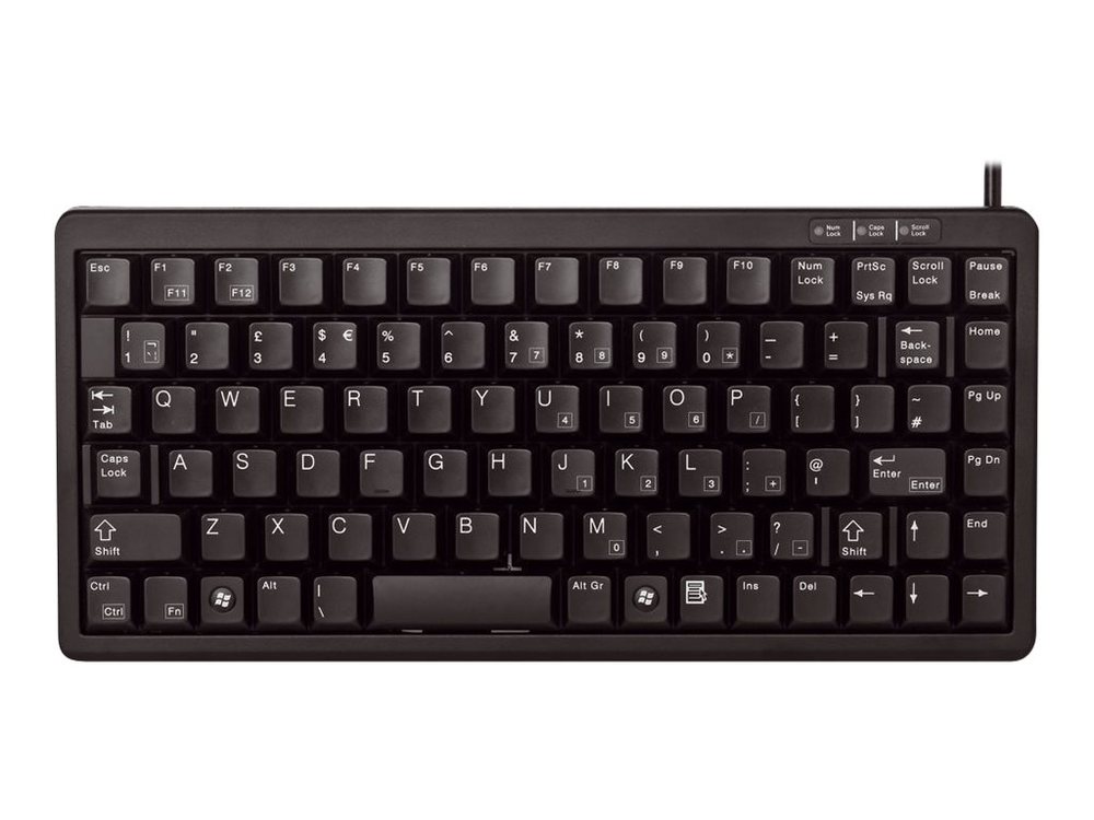 Compact black Cherry keyboard with AZERTY layout, featuring a wired connection, durable plastic keys, and a minimalist design suitable for various computing needs.