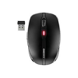 Black Cherry JW-8100 optical mouse with six buttons, 3200 DPI, featuring a sleek design and a USB receiver for wireless connectivity.