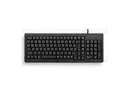 Black Cherry XS G84-5200 compact keyboard with a corded USB/PS2 connection, featuring a QWERTY layout and a sleek, minimalistic design.