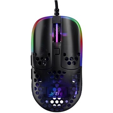 Black ambidextrous gaming mouse with a lightweight design, featuring RGB lighting, a scroll wheel, and a high-precision optical sensor with 16,000 DPI.